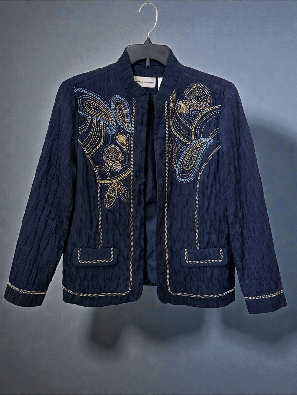 Alfred Dunner Navy Jacket with Gold & Light Blue Embroidery